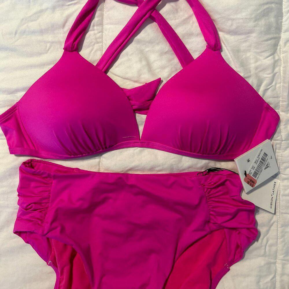 GIBSON-LATIMER -  HOT PINK 2- PC. SWIMSUIT W/CRISS-CROSS BACK SZ.L NWT